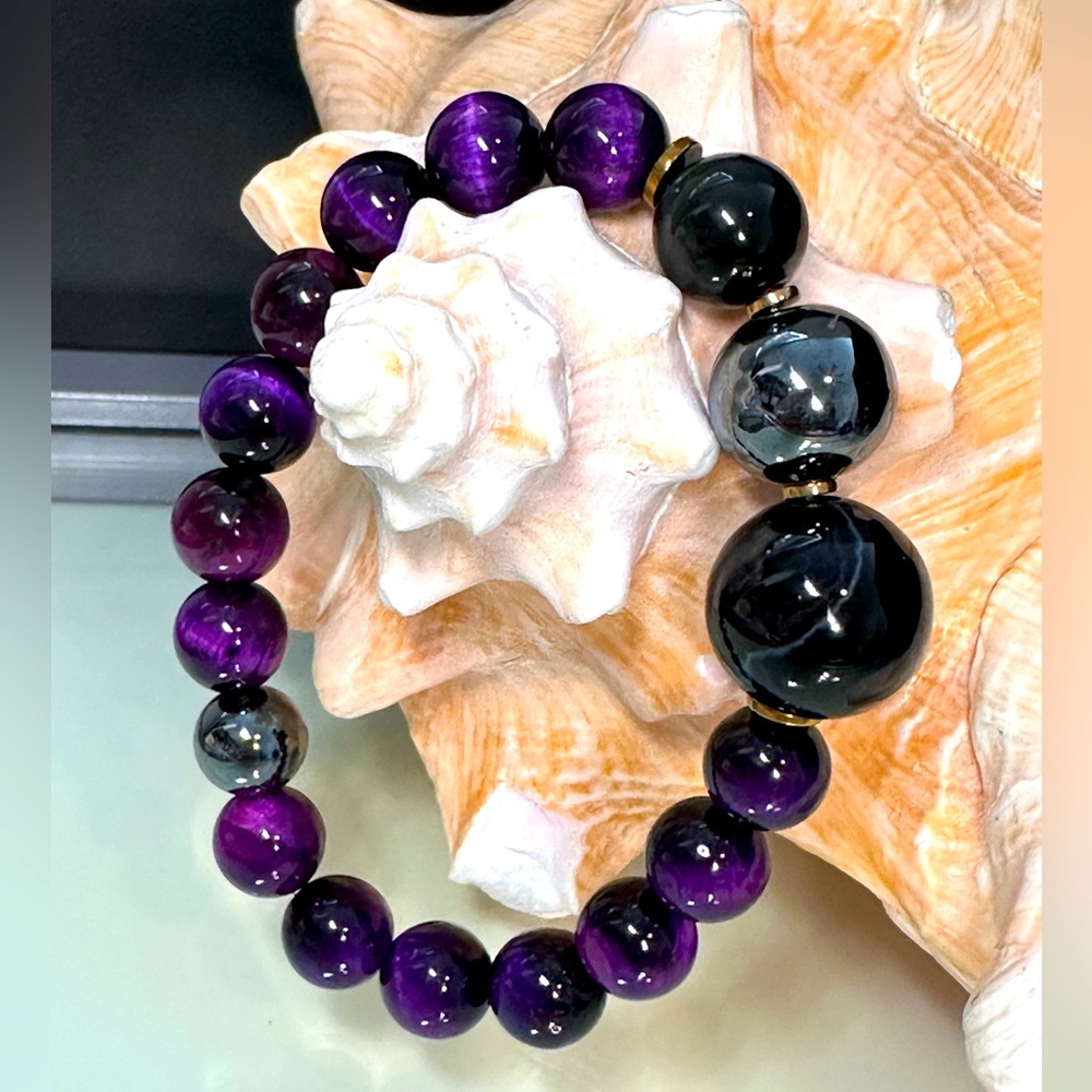 PURPLE TIGERS EYE + ONYX + HEMATITE + OBSIDIAN NATURAL STONES BRACELET size 7”